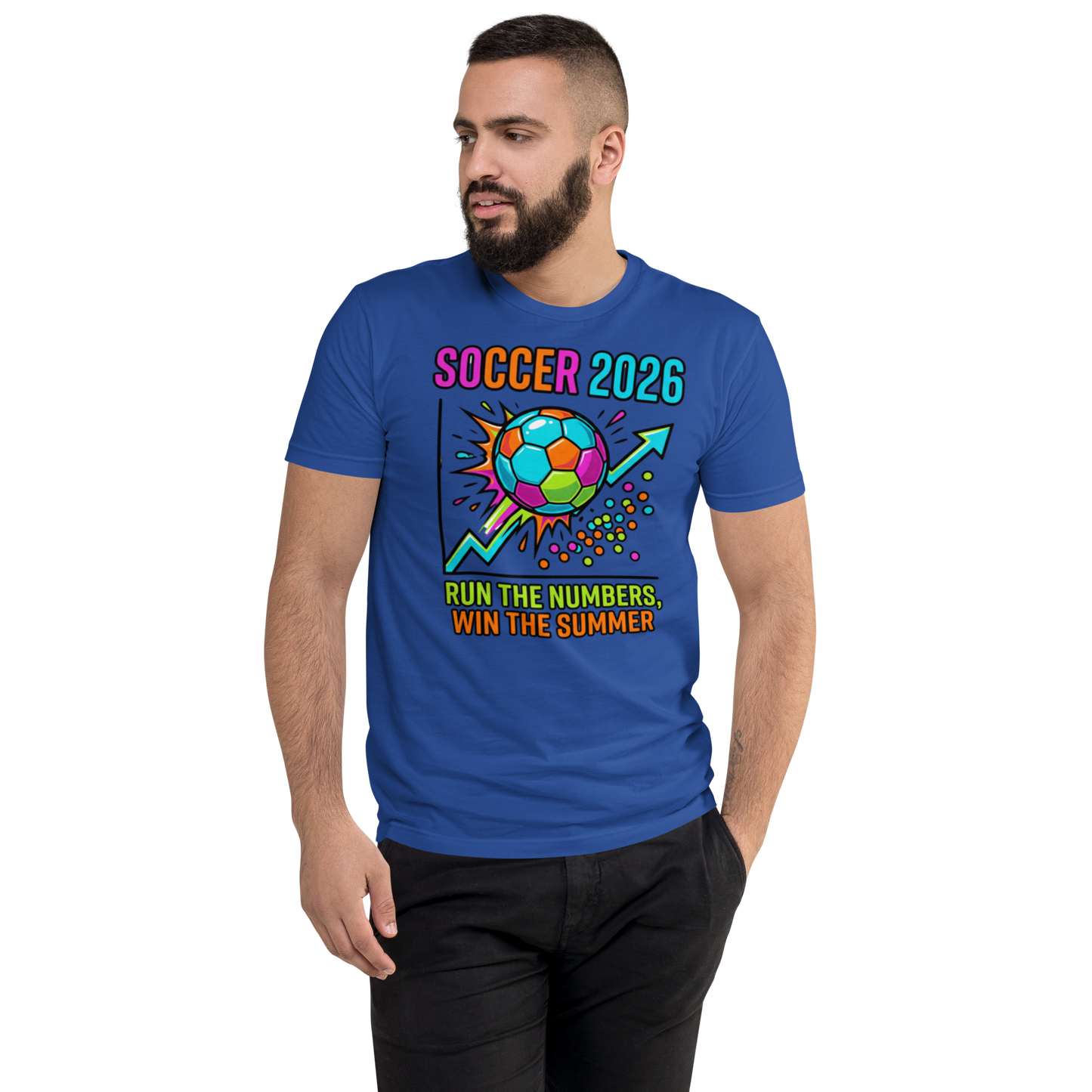 Run the Numbers Win the Summer men's fitted soccer 2026 tee — royal blue, front detail