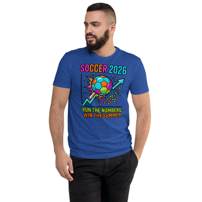 Run the Numbers Win the Summer men's fitted soccer 2026 tee — royal blue, front detail