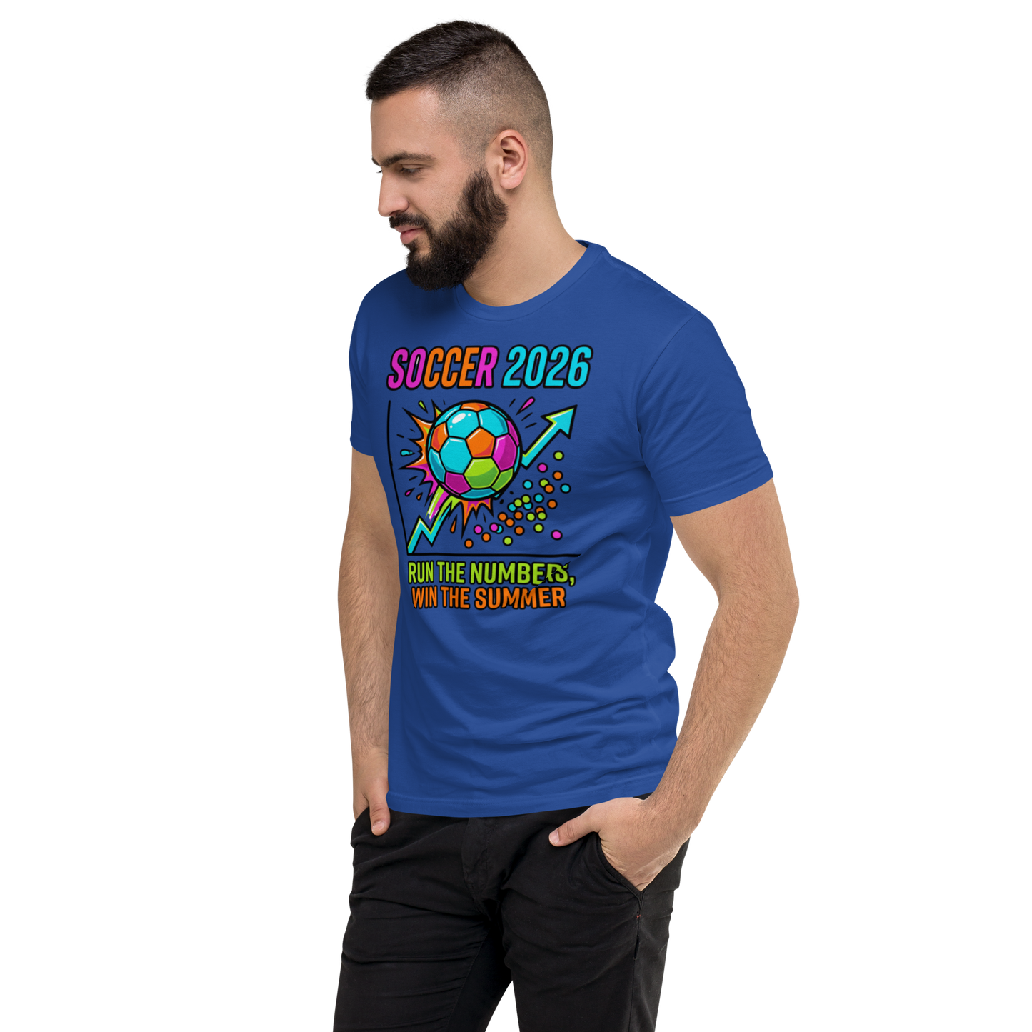 Run the Numbers Win the Summer men's fitted soccer 2026 tee — royal blue, left side view