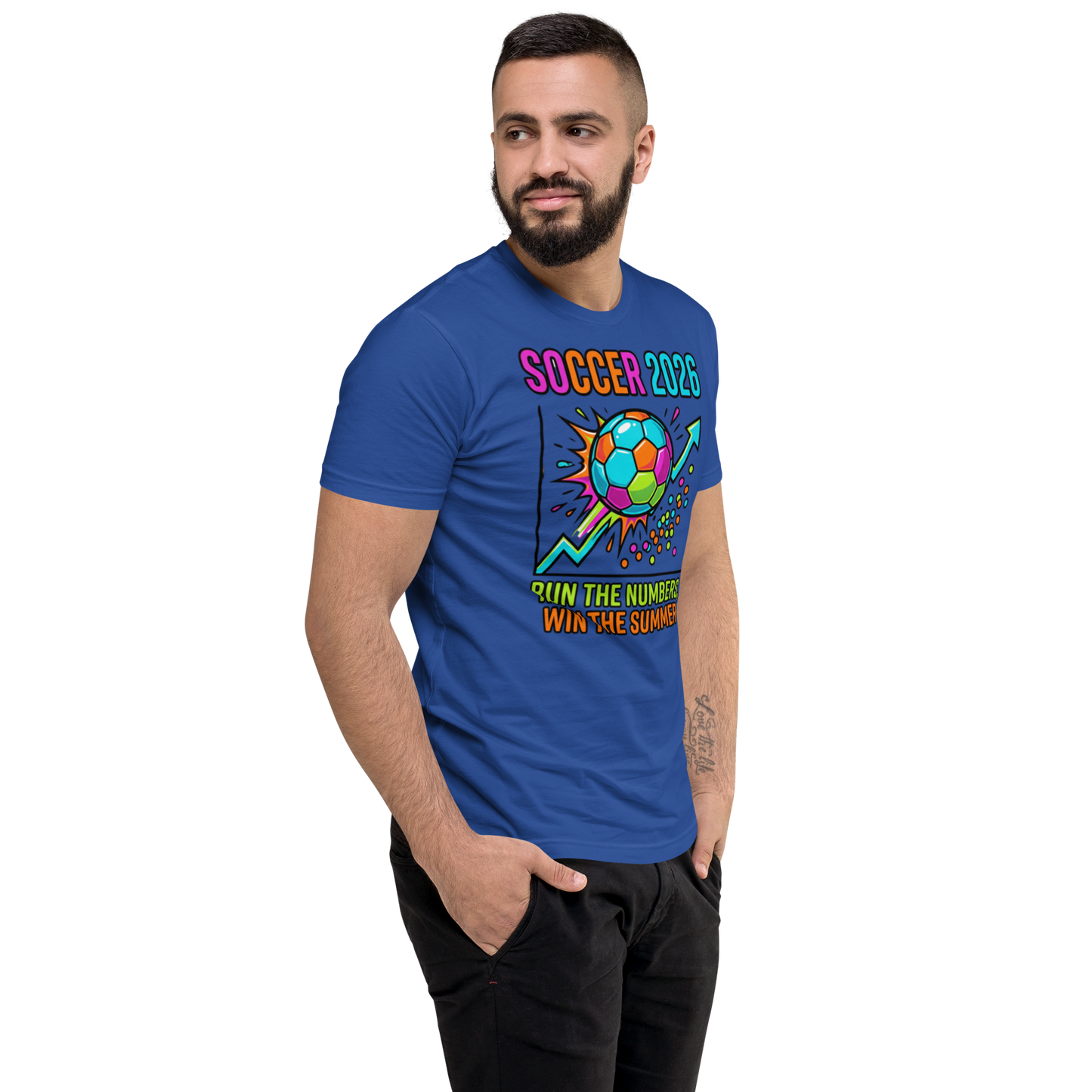 Run the Numbers Win the Summer men's fitted soccer 2026 tee — royal blue, right side view