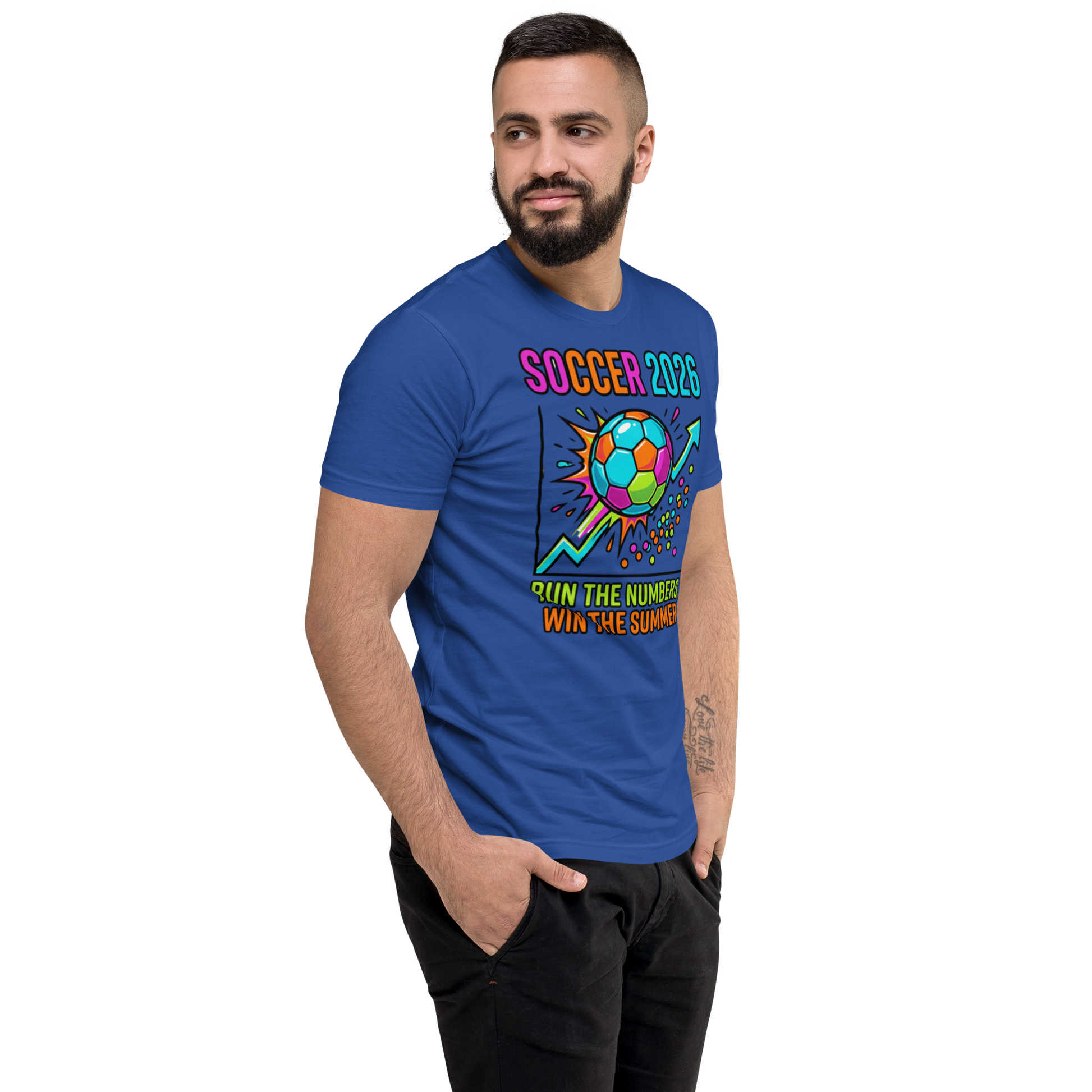 Run the Numbers Win the Summer men's fitted soccer 2026 tee — royal blue, right side view