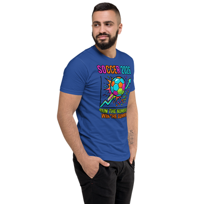 Run the Numbers Win the Summer men's fitted soccer 2026 tee — royal blue, right side view