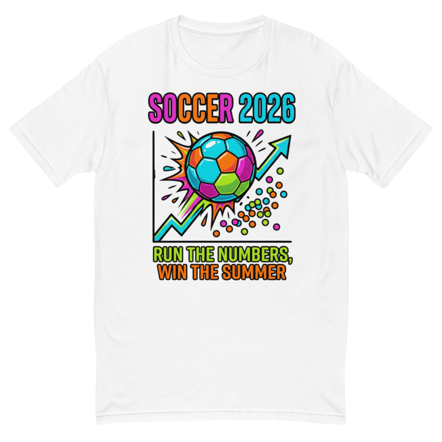 Run the Numbers Win the Summer men's fitted soccer 2026 tee — white, front view