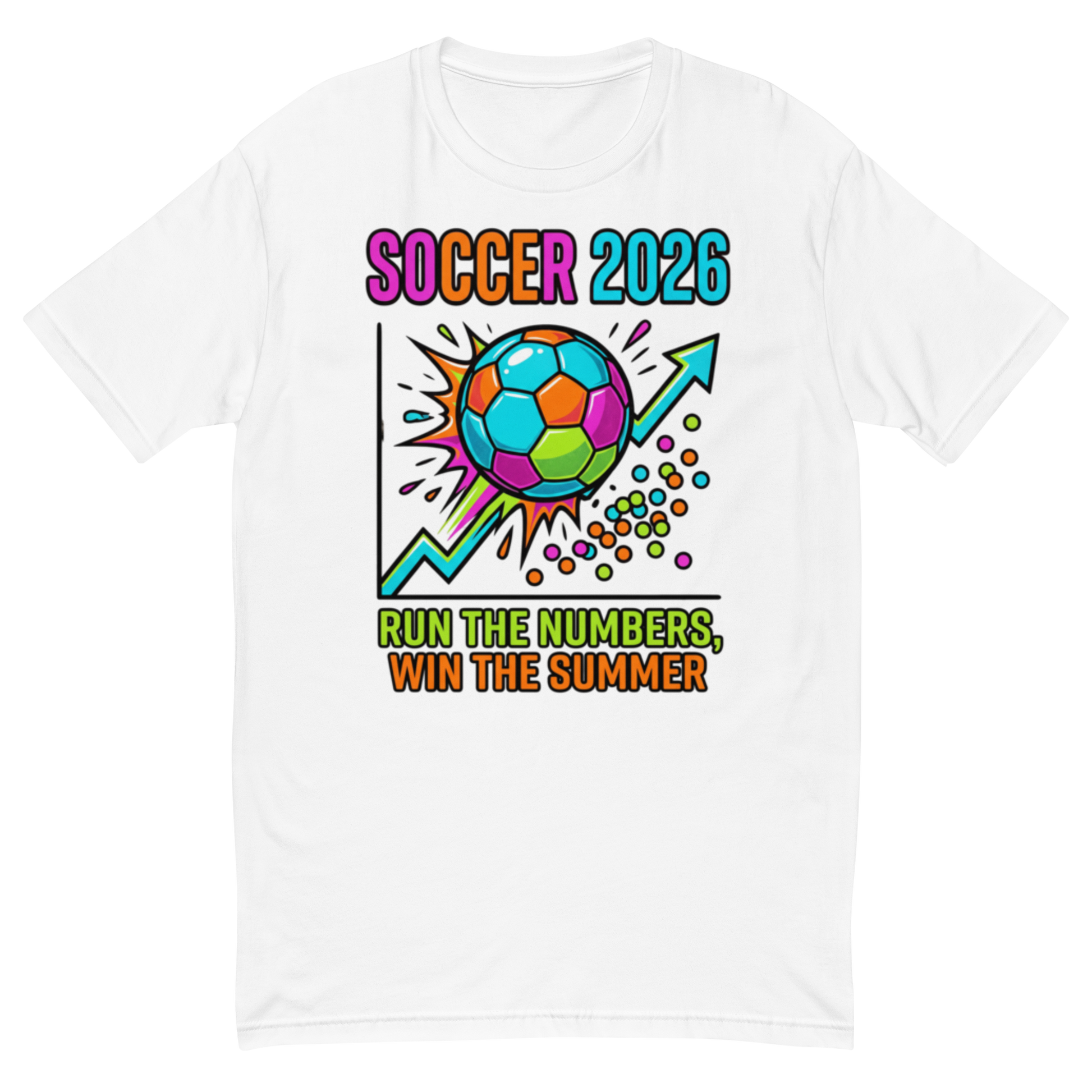 Run the Numbers Win the Summer men's fitted soccer 2026 tee — white, front view
