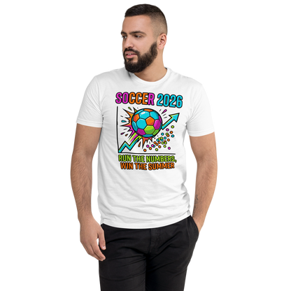Run the Numbers Win the Summer men's fitted soccer 2026 tee — white, front detail