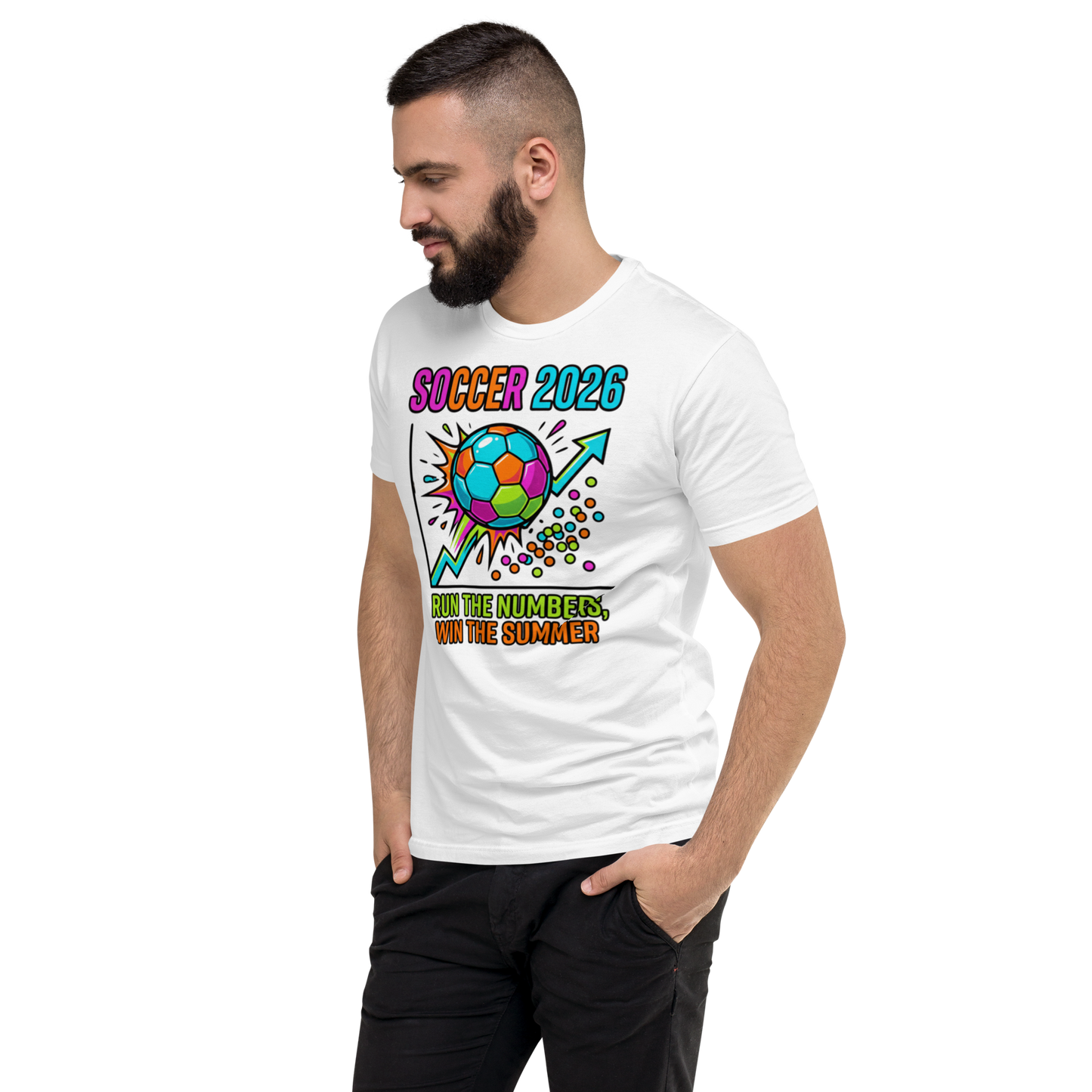 Run the Numbers Win the Summer men's fitted soccer 2026 tee — white, left side view