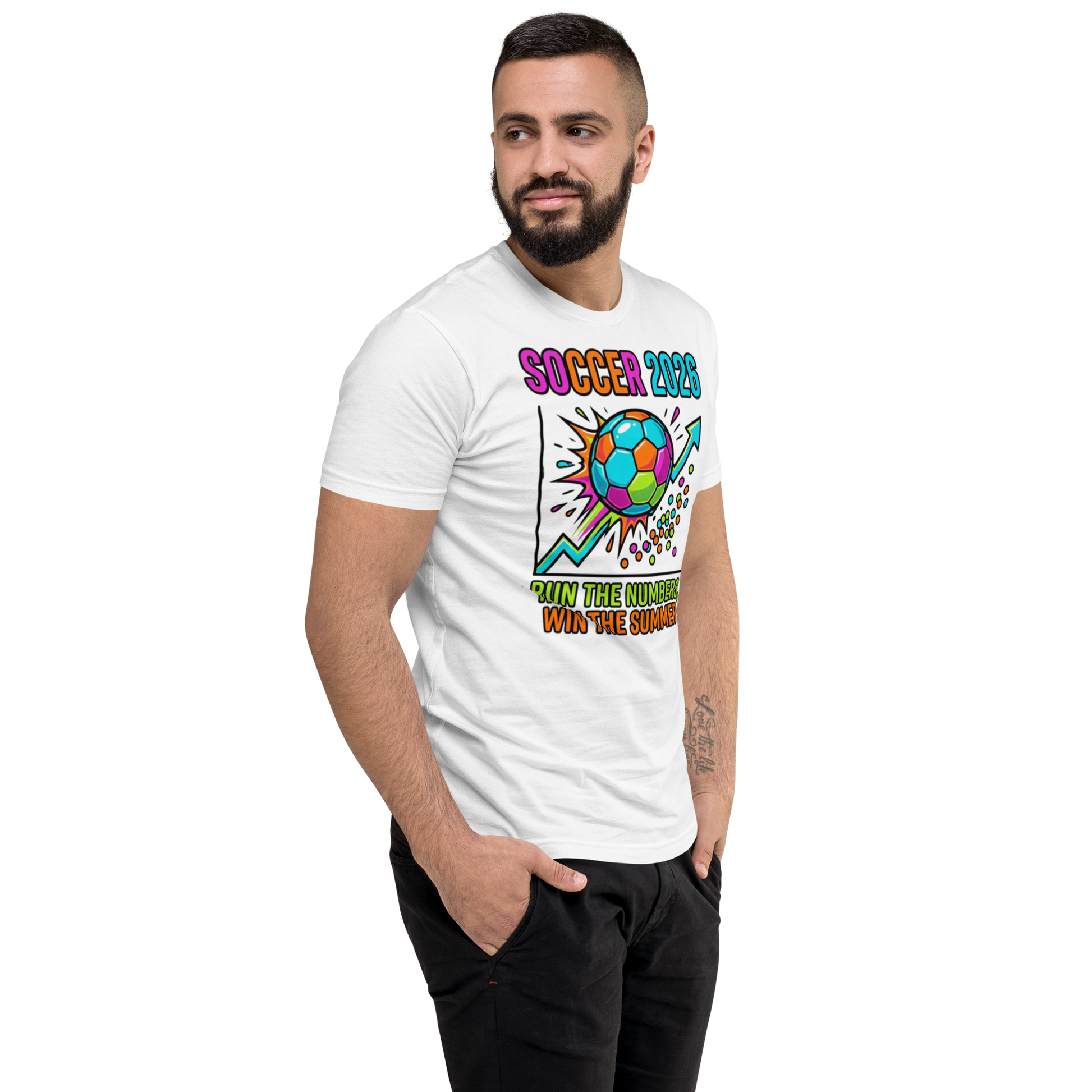 Run the Numbers Win the Summer men's fitted soccer 2026 tee — white, right side view
