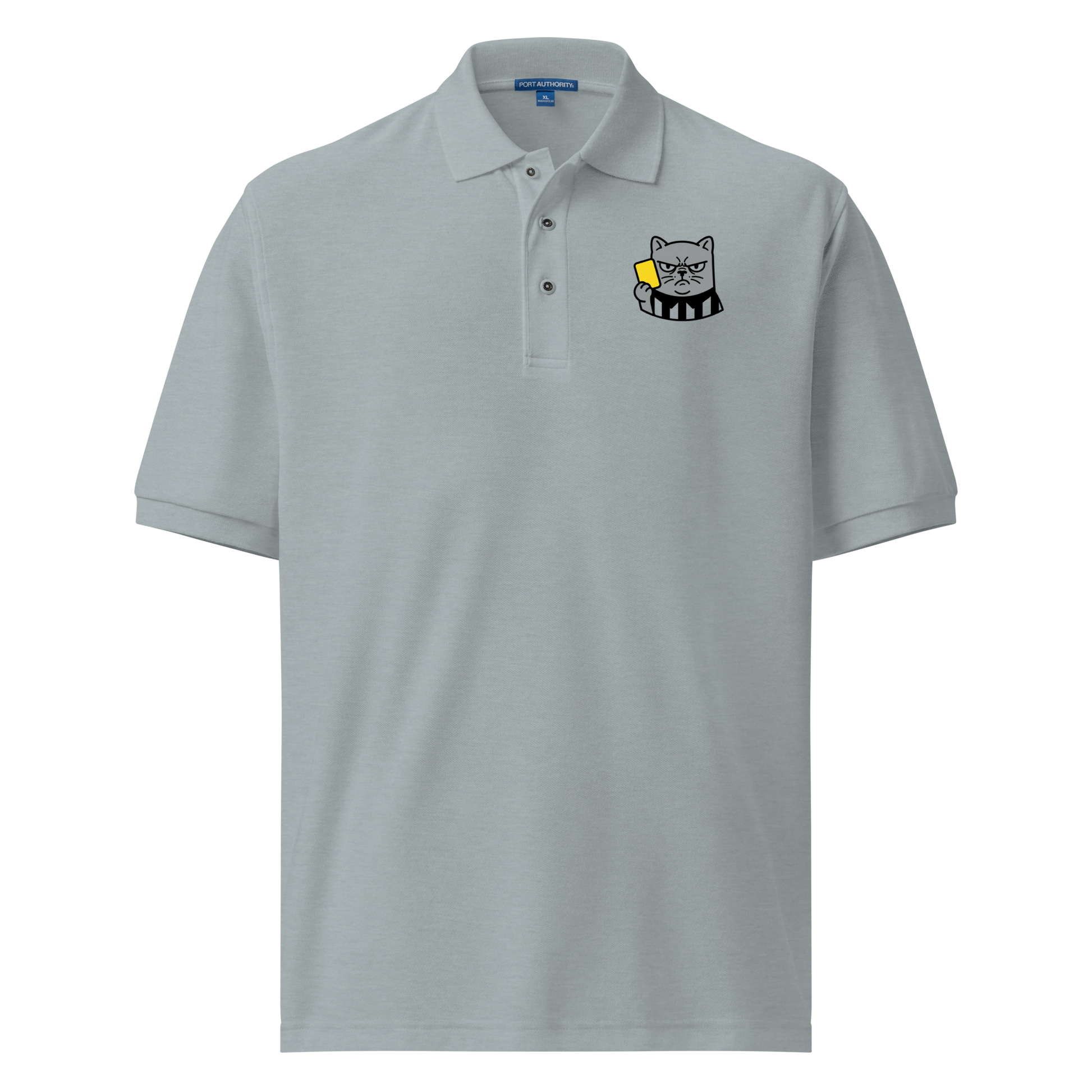 Offside Referee Cat embroidered men's premium polo — cool heather grey, front view