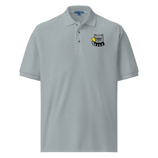 Offside Referee Cat embroidered men's premium polo — cool heather grey, front view