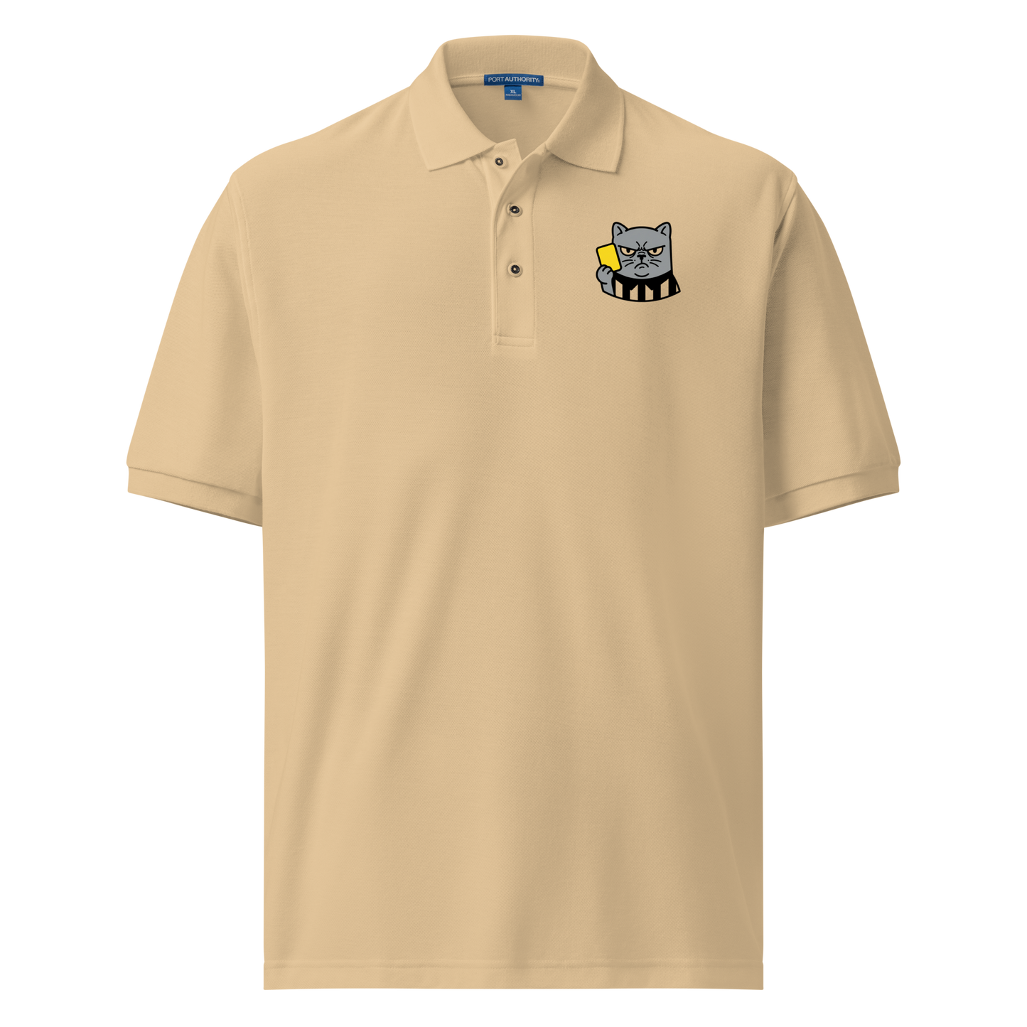 Offside Referee Cat embroidered men's premium polo — stone, front view