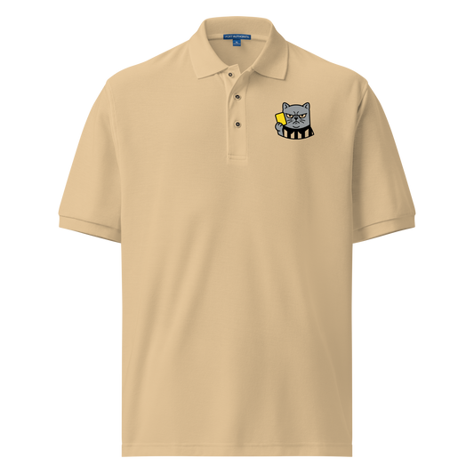Offside Referee Cat embroidered men's premium polo — stone, front view