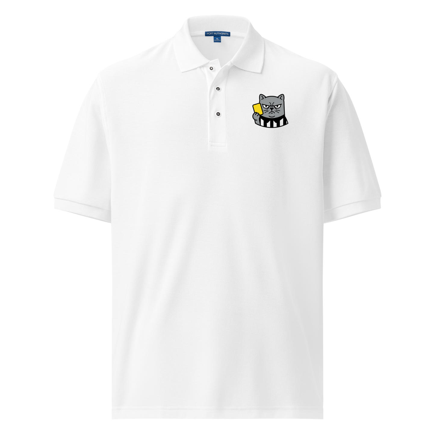 Offside Referee Cat embroidered men's premium polo — white, front view