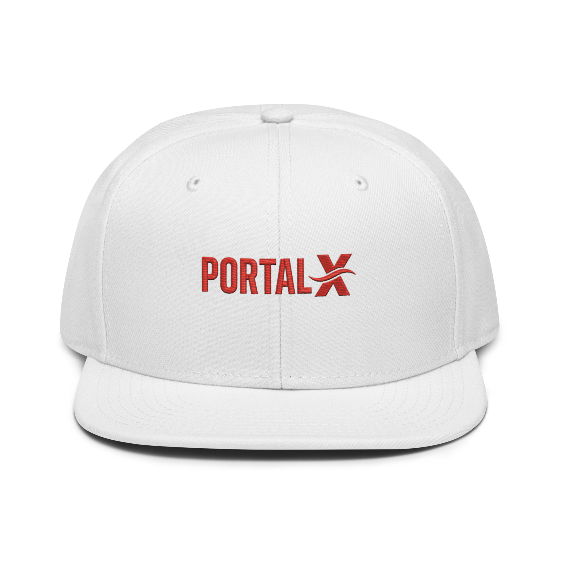 PORTAL X embroidered snapback cap — white, model front
