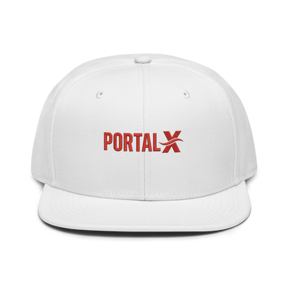 PORTAL X embroidered snapback cap — white, model front