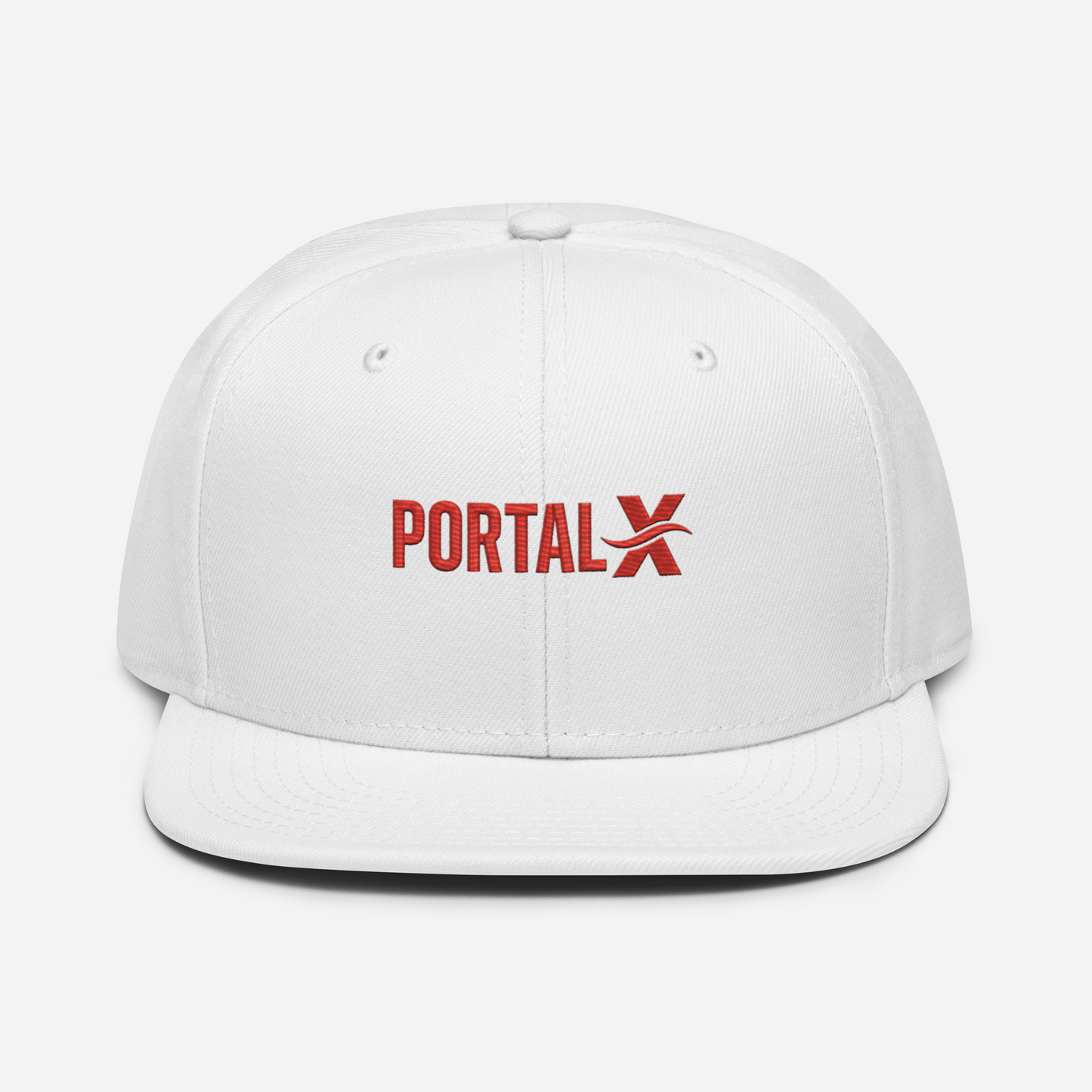 PORTAL X embroidered snapback cap — white, model lifestyle