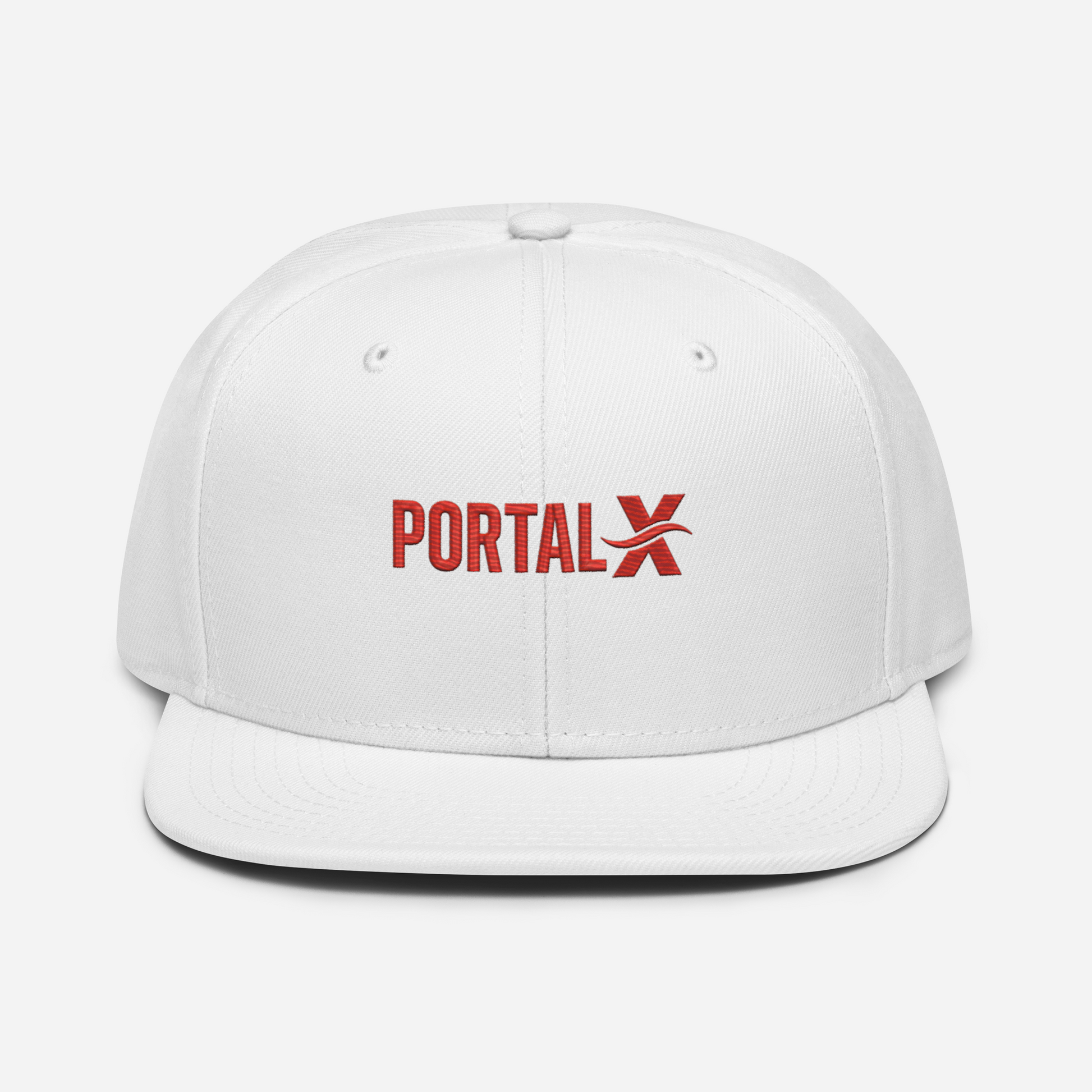 PORTAL X embroidered snapback cap — white, model lifestyle