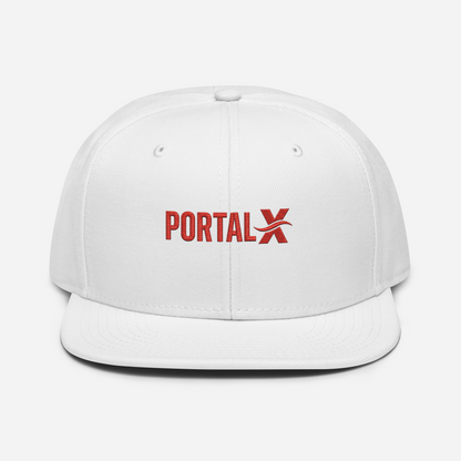 PORTAL X embroidered snapback cap — white, model lifestyle