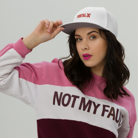 PORTAL X embroidered snapback cap — white, front view