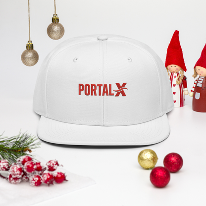 PORTAL X embroidered snapback cap — white, alternate angle