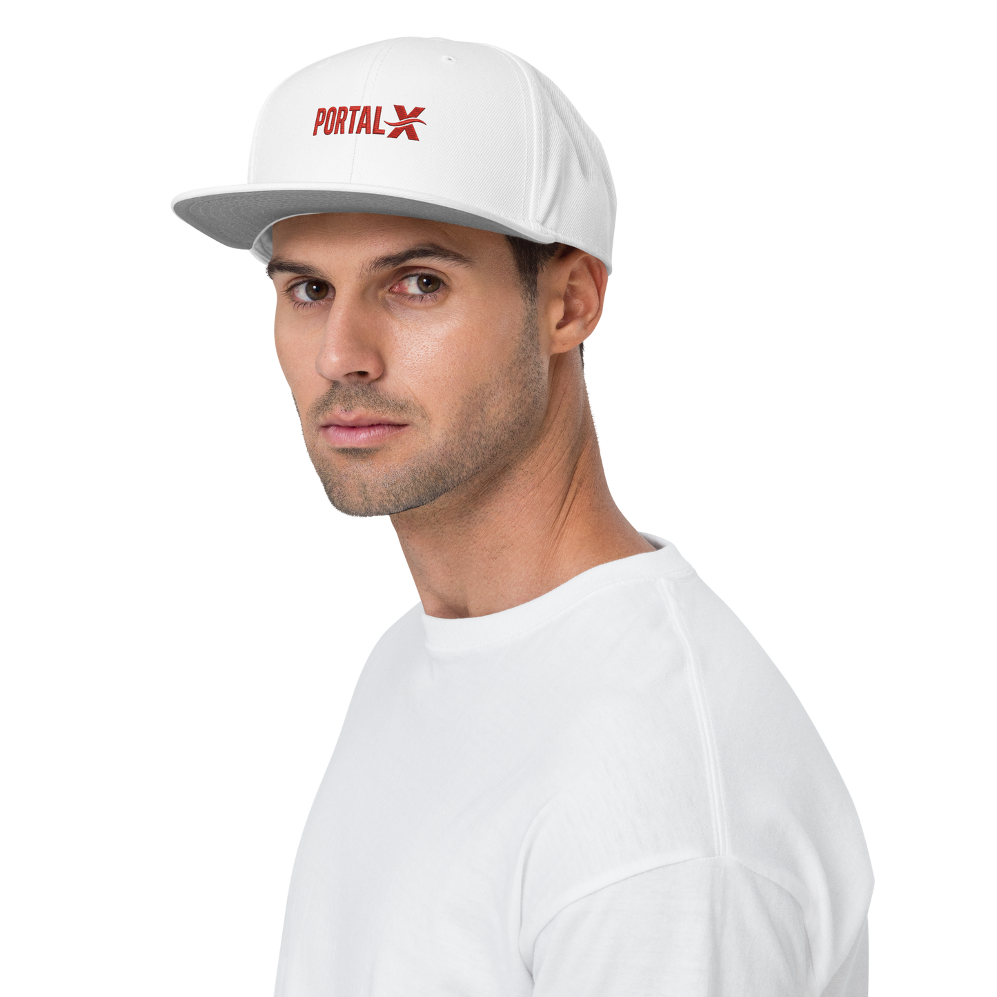PORTAL X embroidered snapback cap — white, front detail