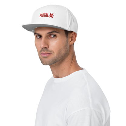 PORTAL X embroidered snapback cap — white, front detail