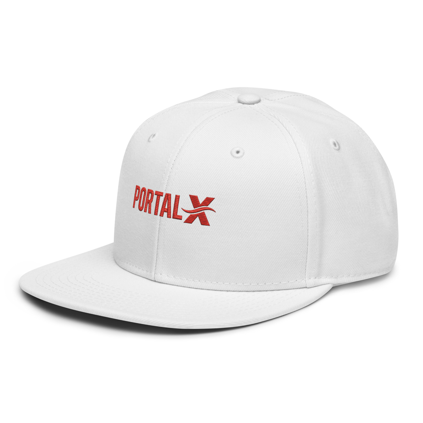 PORTAL X embroidered snapback cap — white, left side view