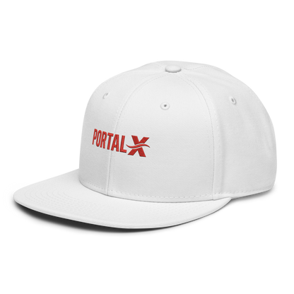PORTAL X embroidered snapback cap — white, left side view