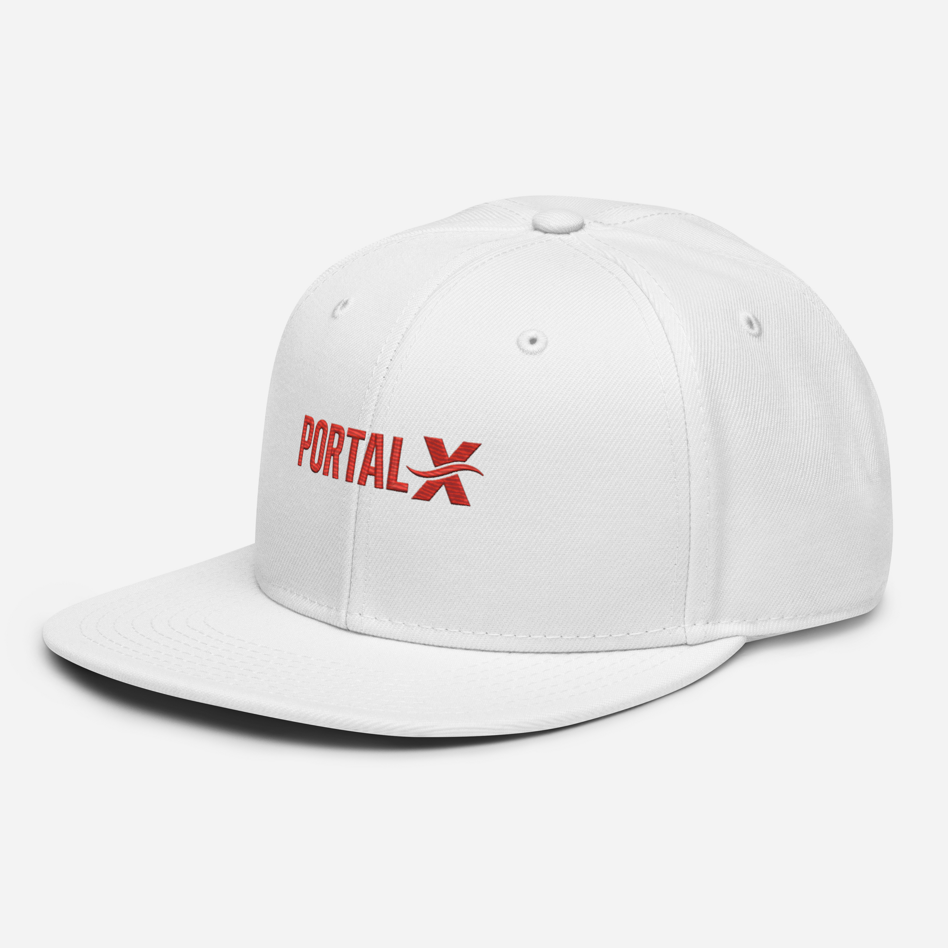 PORTAL X embroidered snapback cap — white, left angle on model