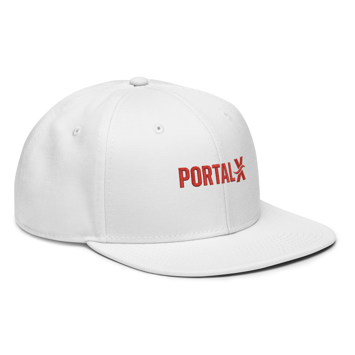 PORTAL X embroidered snapback cap — white, right side view