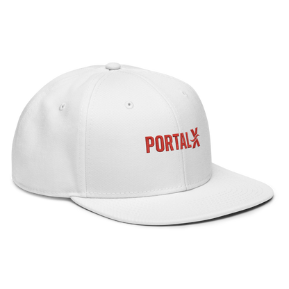 PORTAL X embroidered snapback cap — white, right side view