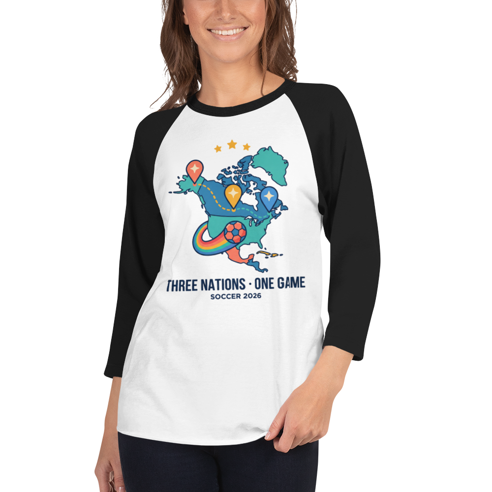Three Nations One Game unisex raglan tee — white/black, lifestyle