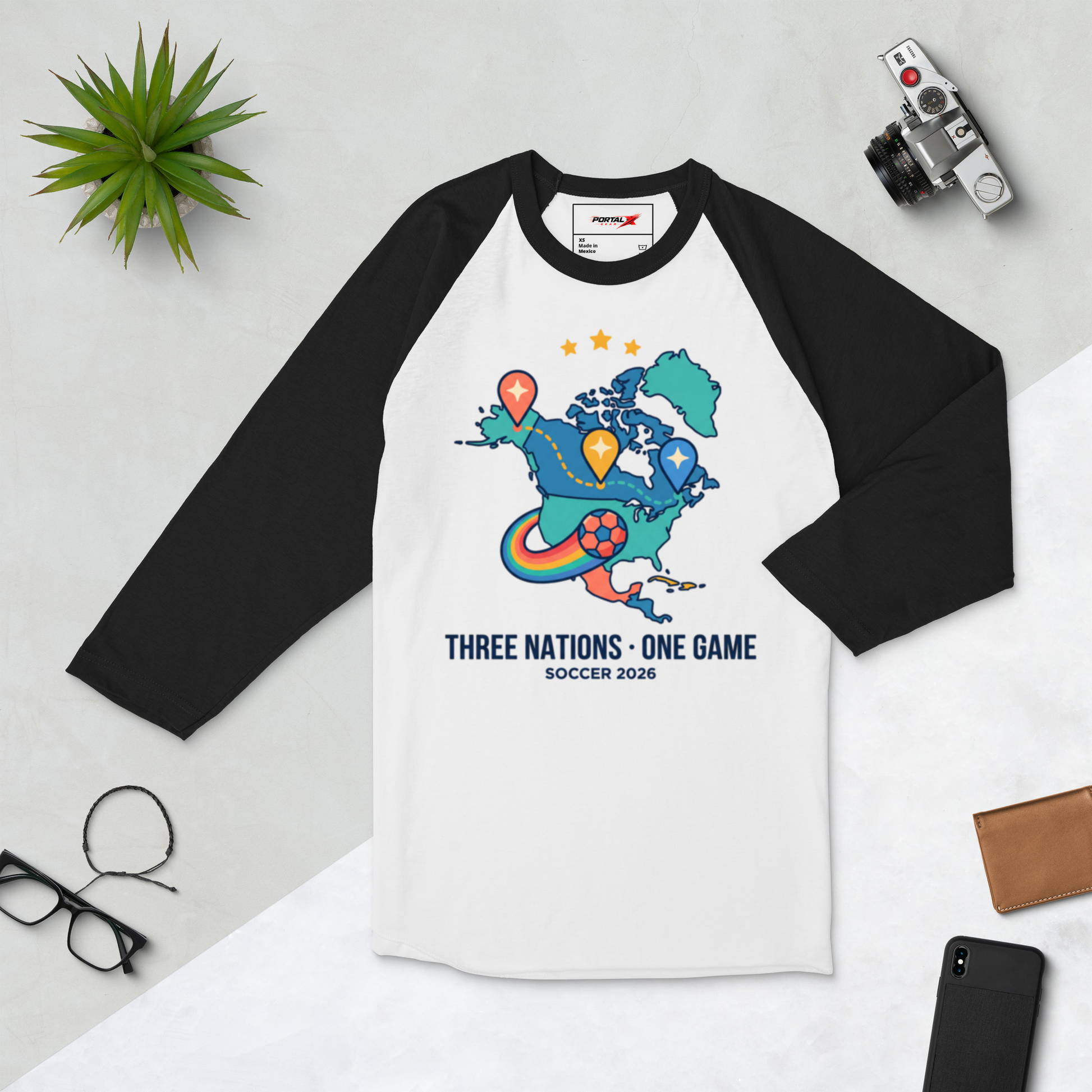 Three Nations One Game unisex raglan tee — white/black, alternate angle