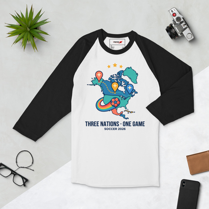 Three Nations One Game unisex raglan tee — white/black, alternate angle