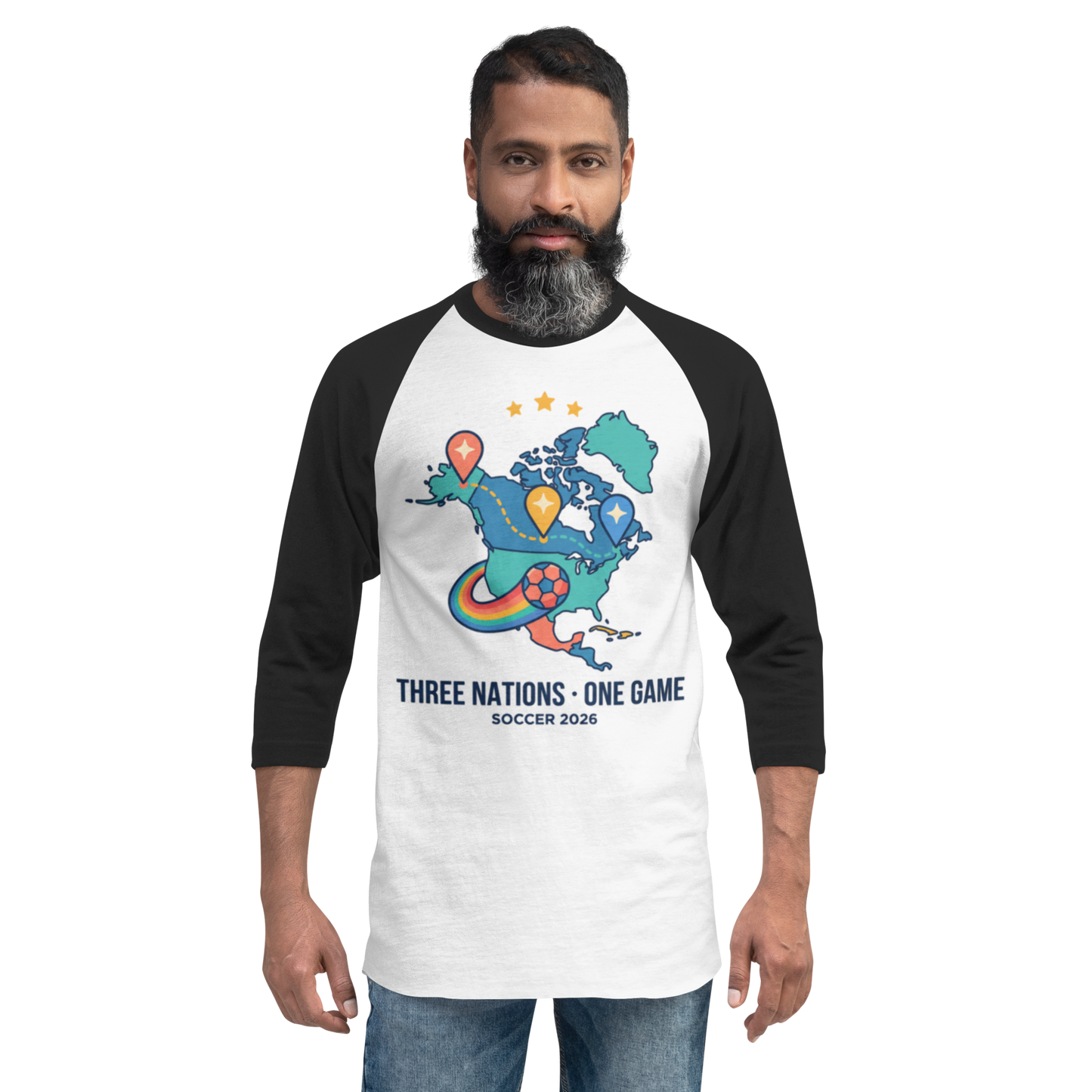 Three Nations One Game unisex raglan tee — white/black, front detail