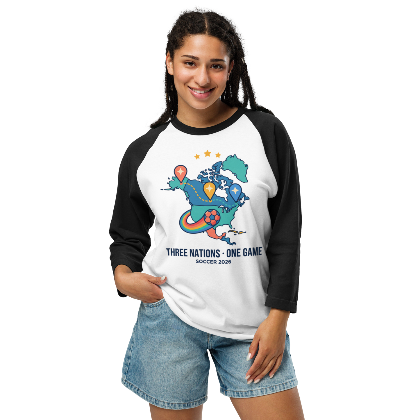 Three Nations One Game unisex 3/4 sleeve raglan tee — white body, black sleeves, model front