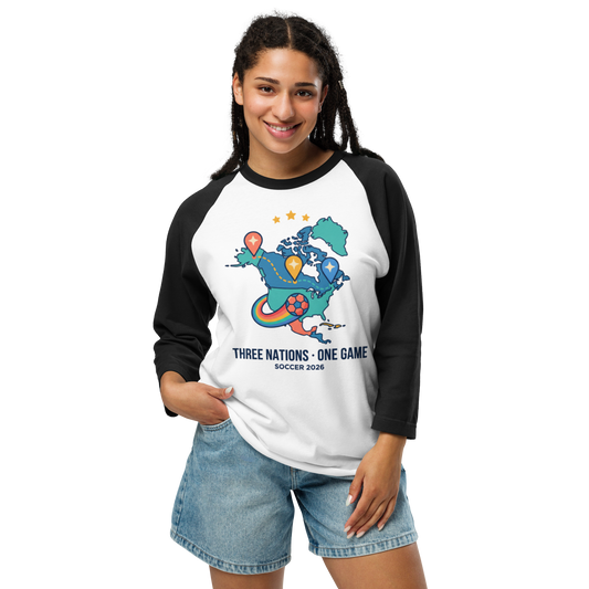 Three Nations One Game unisex 3/4 sleeve raglan tee — white body, black sleeves, model front