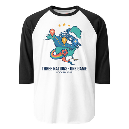 Three Nations One Game unisex raglan tee — white/black, front view