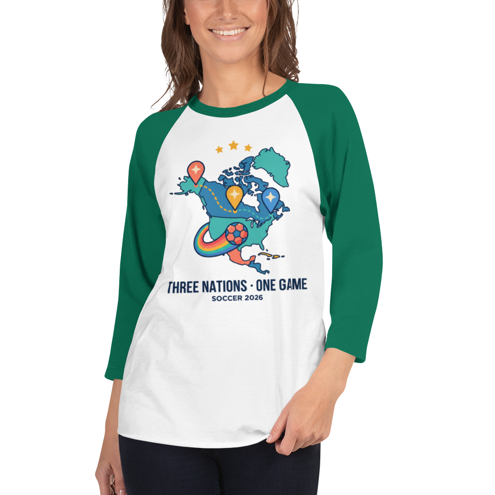 Three Nations One Game unisex raglan tee — white/kelly, front detail