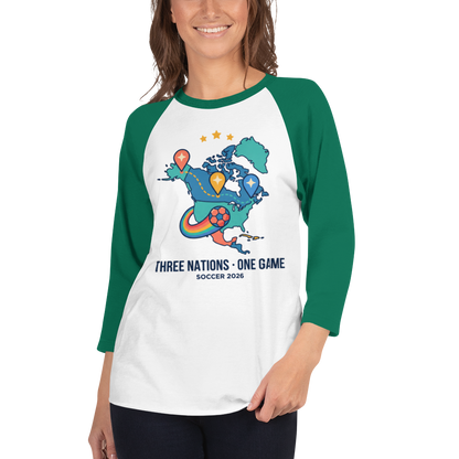 Three Nations One Game unisex raglan tee — white/kelly, front detail