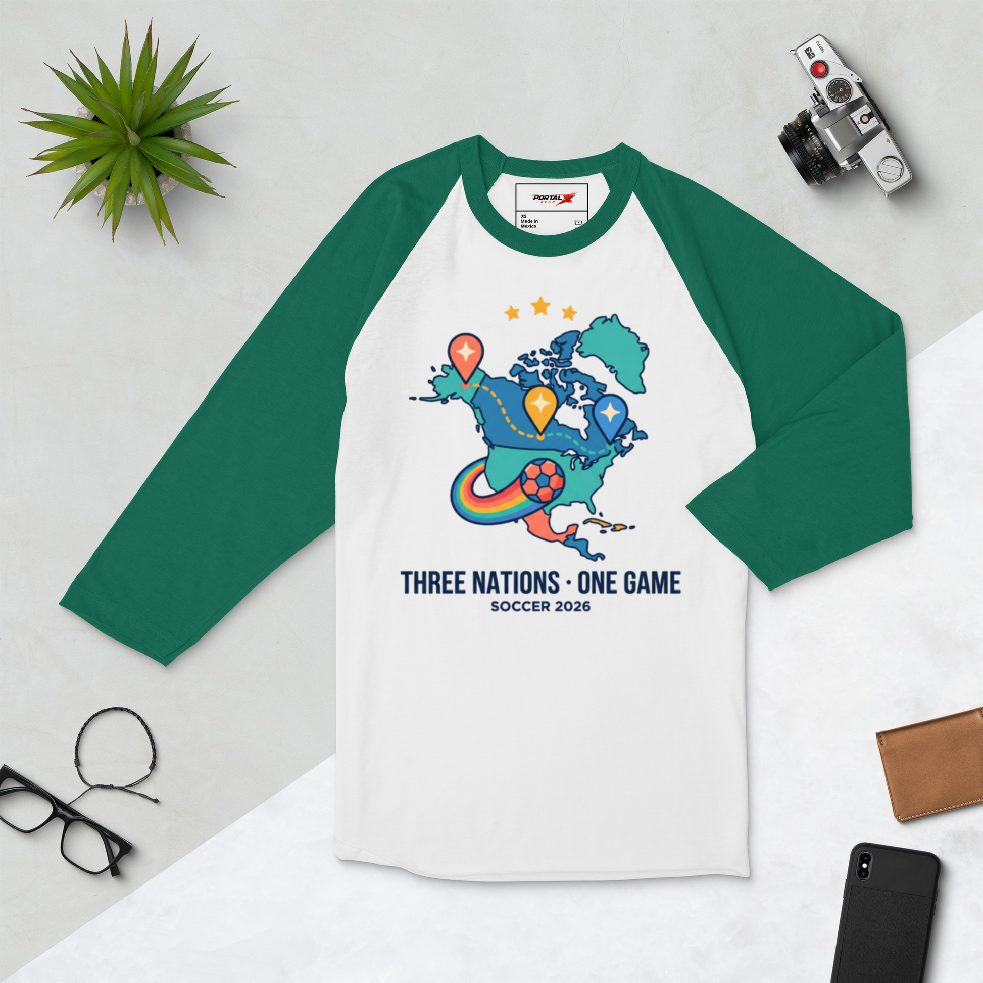 Three Nations One Game unisex raglan tee — white/kelly, alternate angle