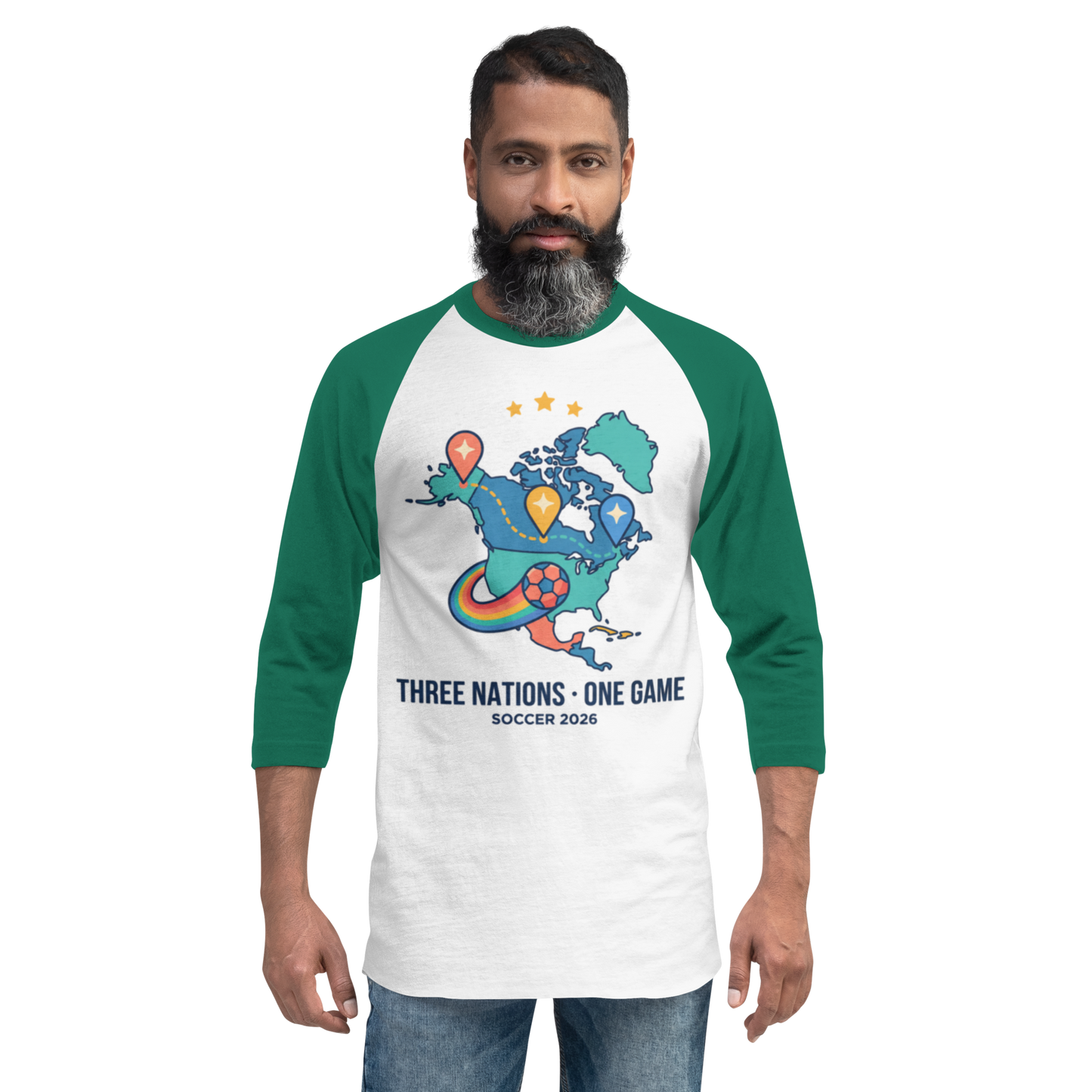 Three Nations One Game unisex raglan tee — white/kelly, front view