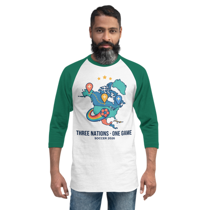 Three Nations One Game unisex raglan tee — white/kelly, front view