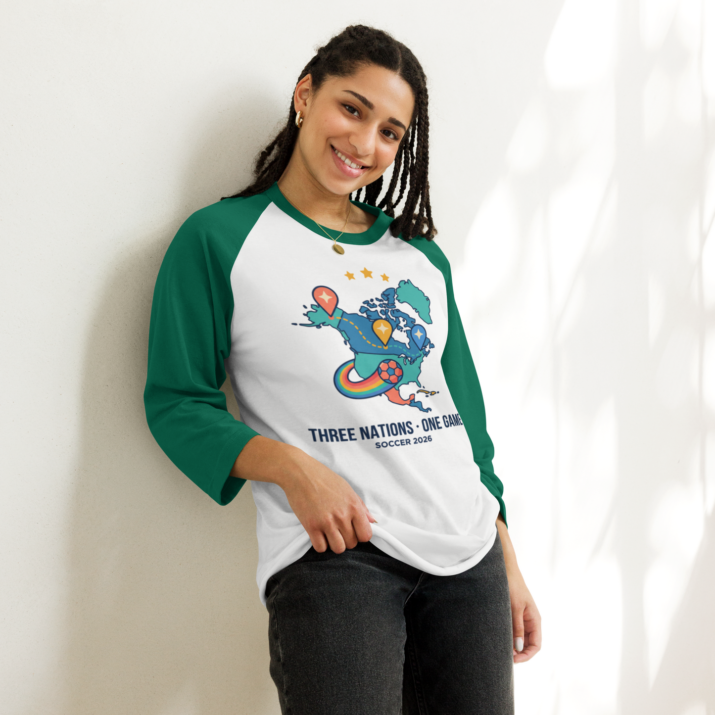 Three Nations One Game unisex raglan tee — white/kelly, additional view