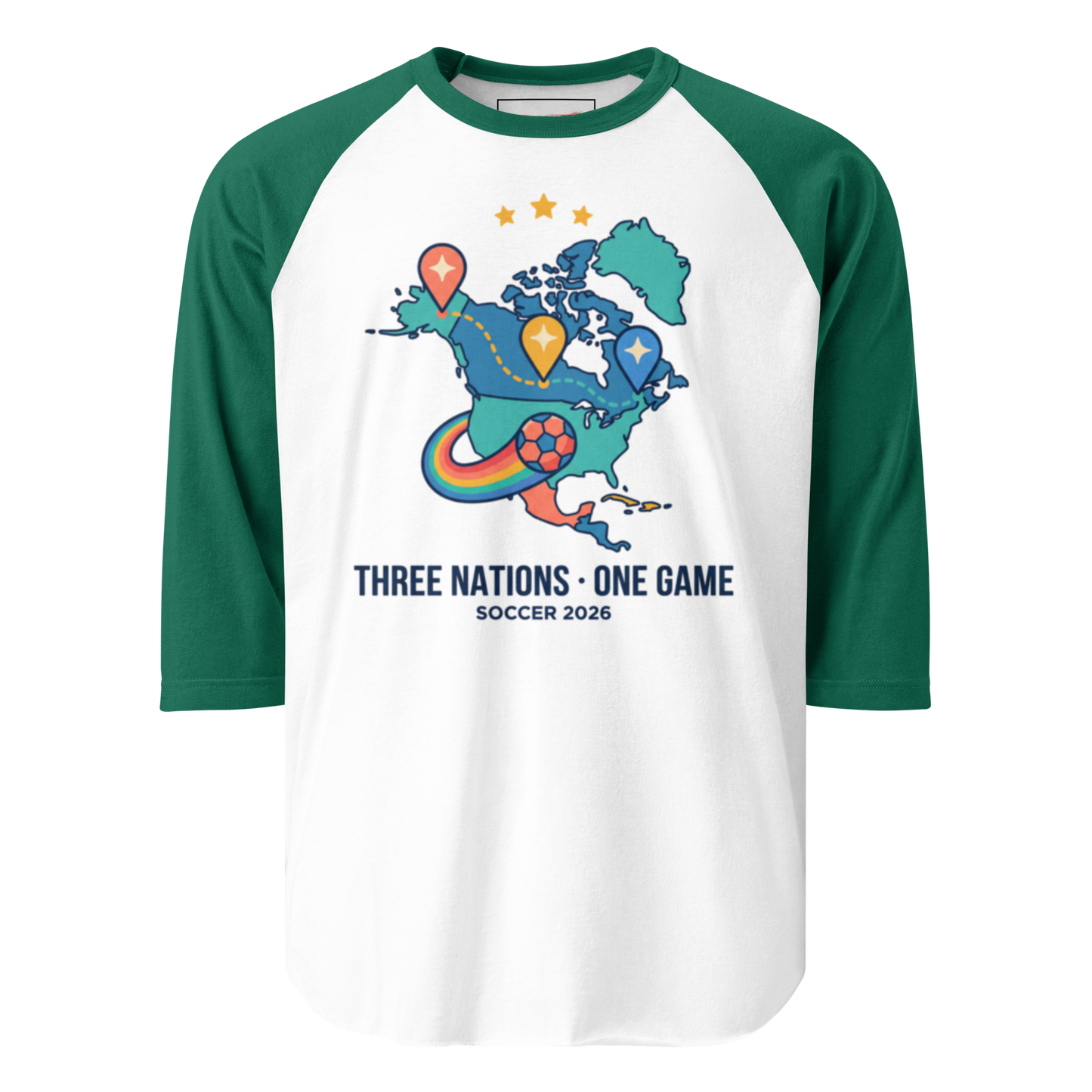 Three Nations One Game unisex 3/4 sleeve raglan tee — white body, kelly green sleeves, model front