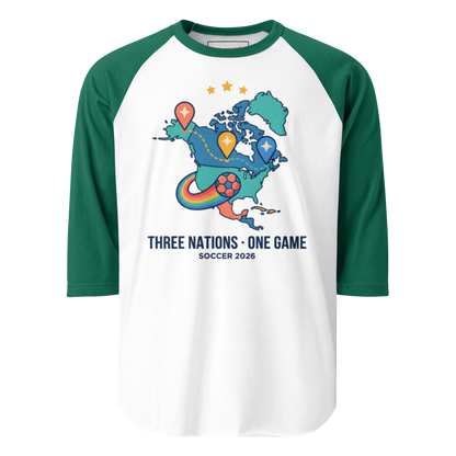Three Nations One Game unisex 3/4 sleeve raglan tee — white body, kelly green sleeves, model front