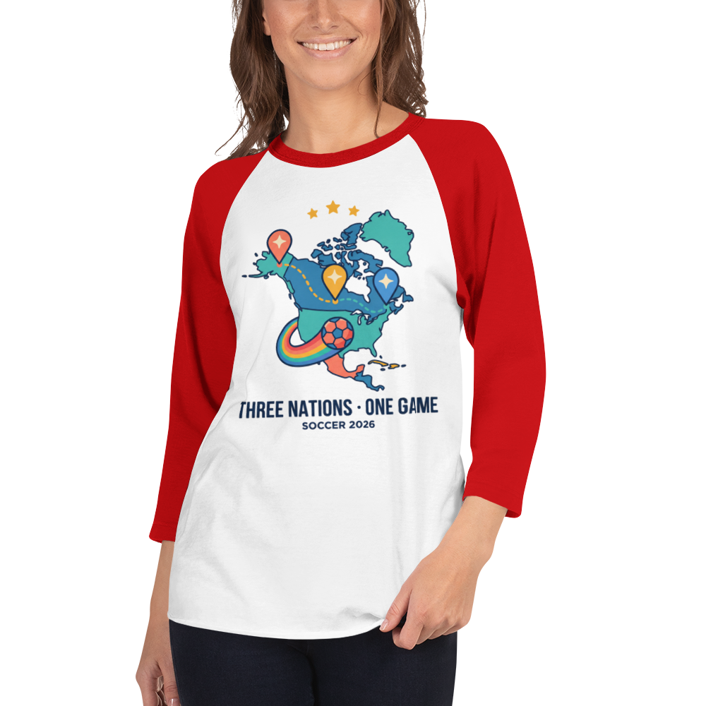 Three Nations One Game unisex raglan tee — white/red, front detail