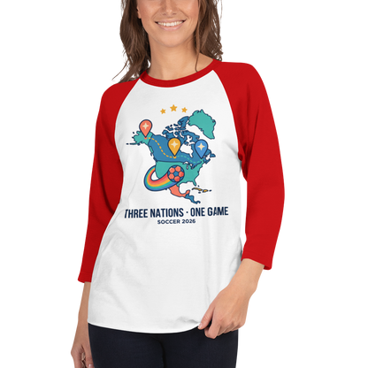 Three Nations One Game unisex raglan tee — white/red, front detail