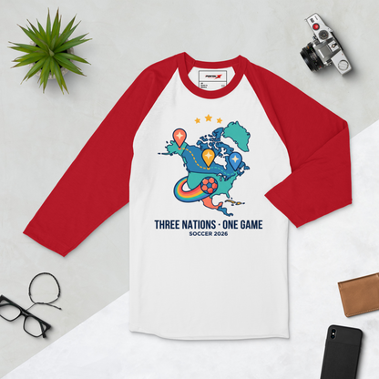 Three Nations One Game unisex raglan tee — white/red, alternate angle