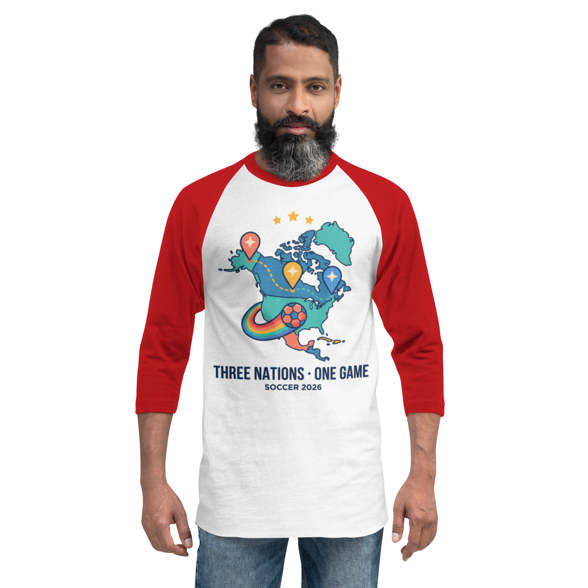 Three Nations One Game unisex raglan tee — white/red, front view
