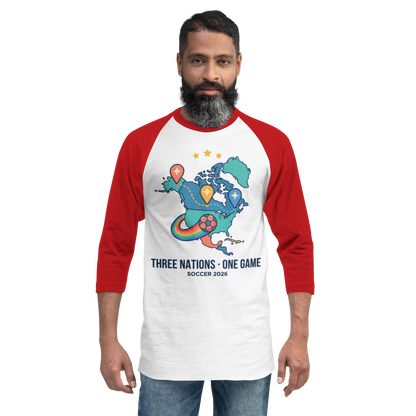 Three Nations One Game unisex raglan tee — white/red, front view